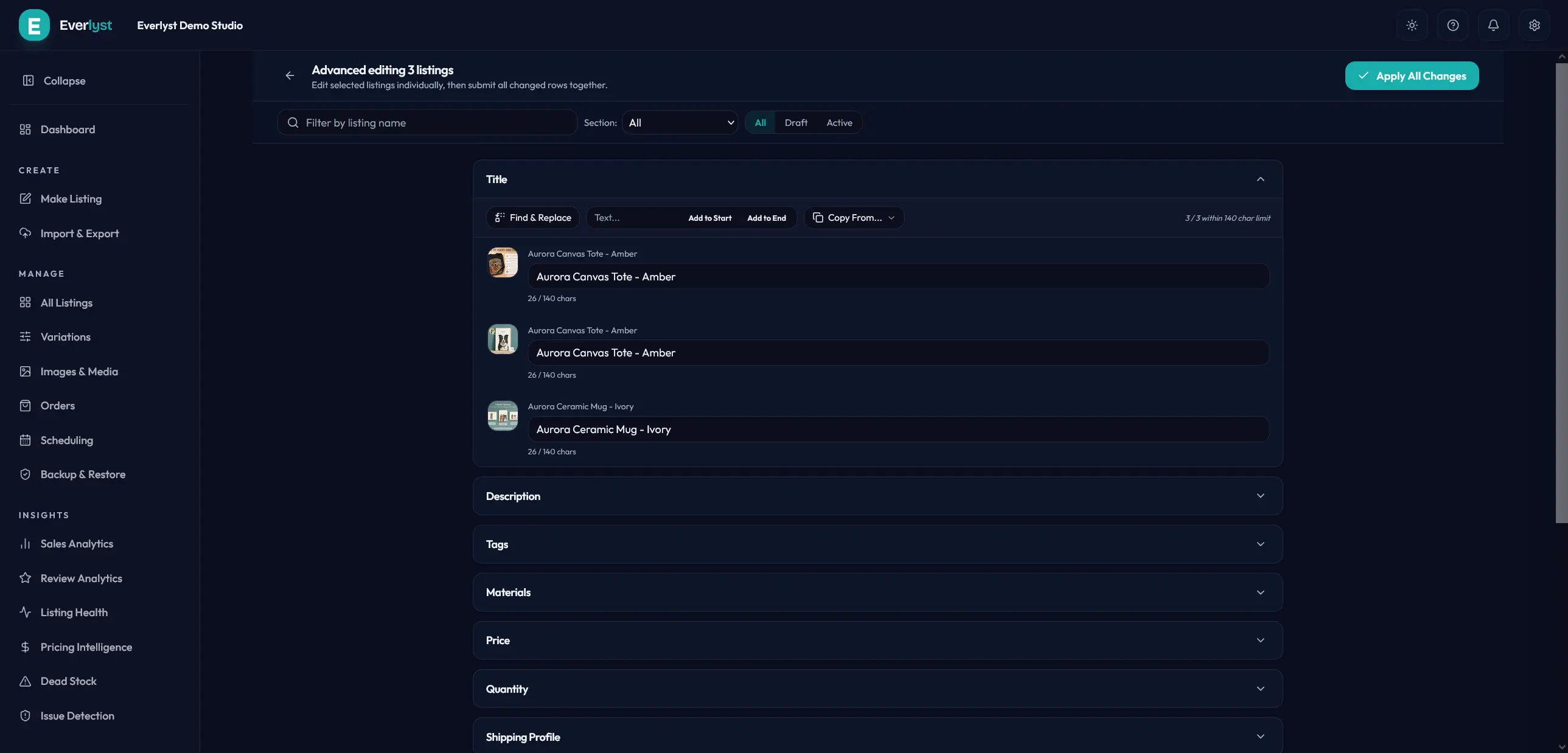 Everlyst advanced edit page with a per-listing value for one field.