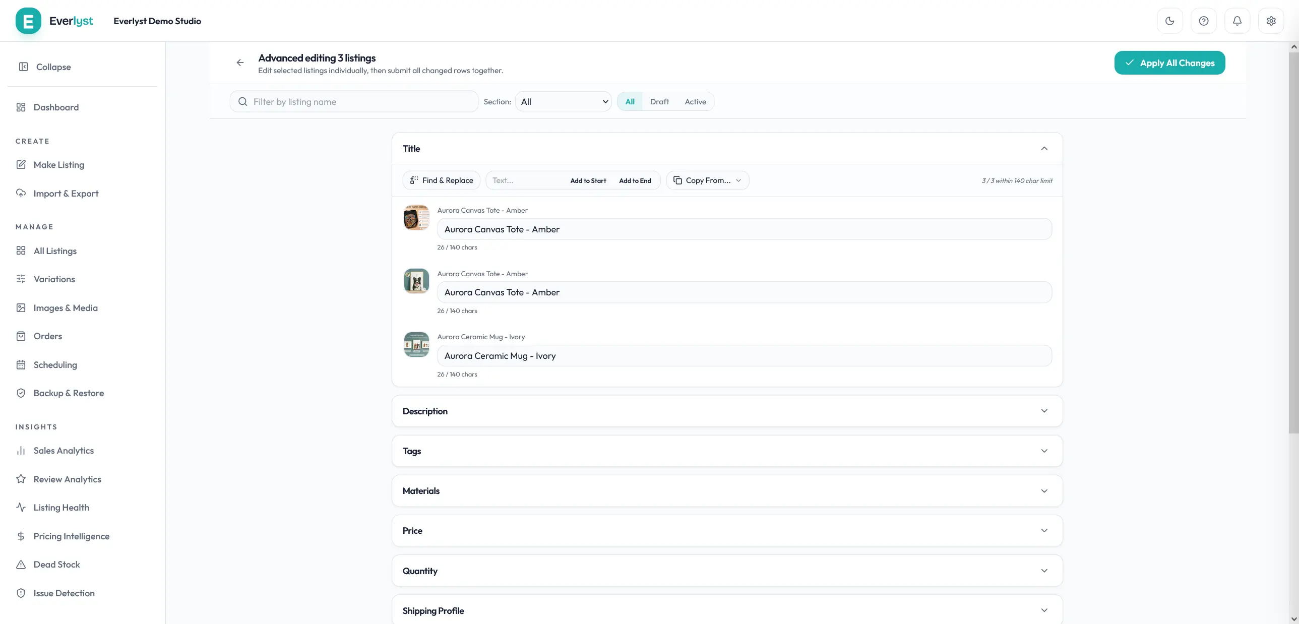 Everlyst advanced edit page with a per-listing value for one field.