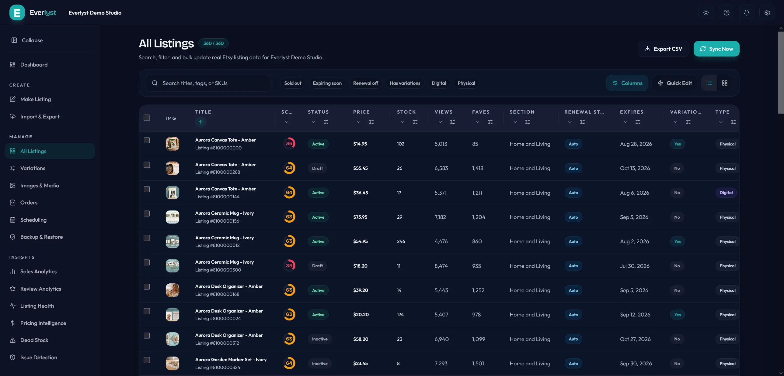 Everlyst listings workspace showing a searchable listing table.
