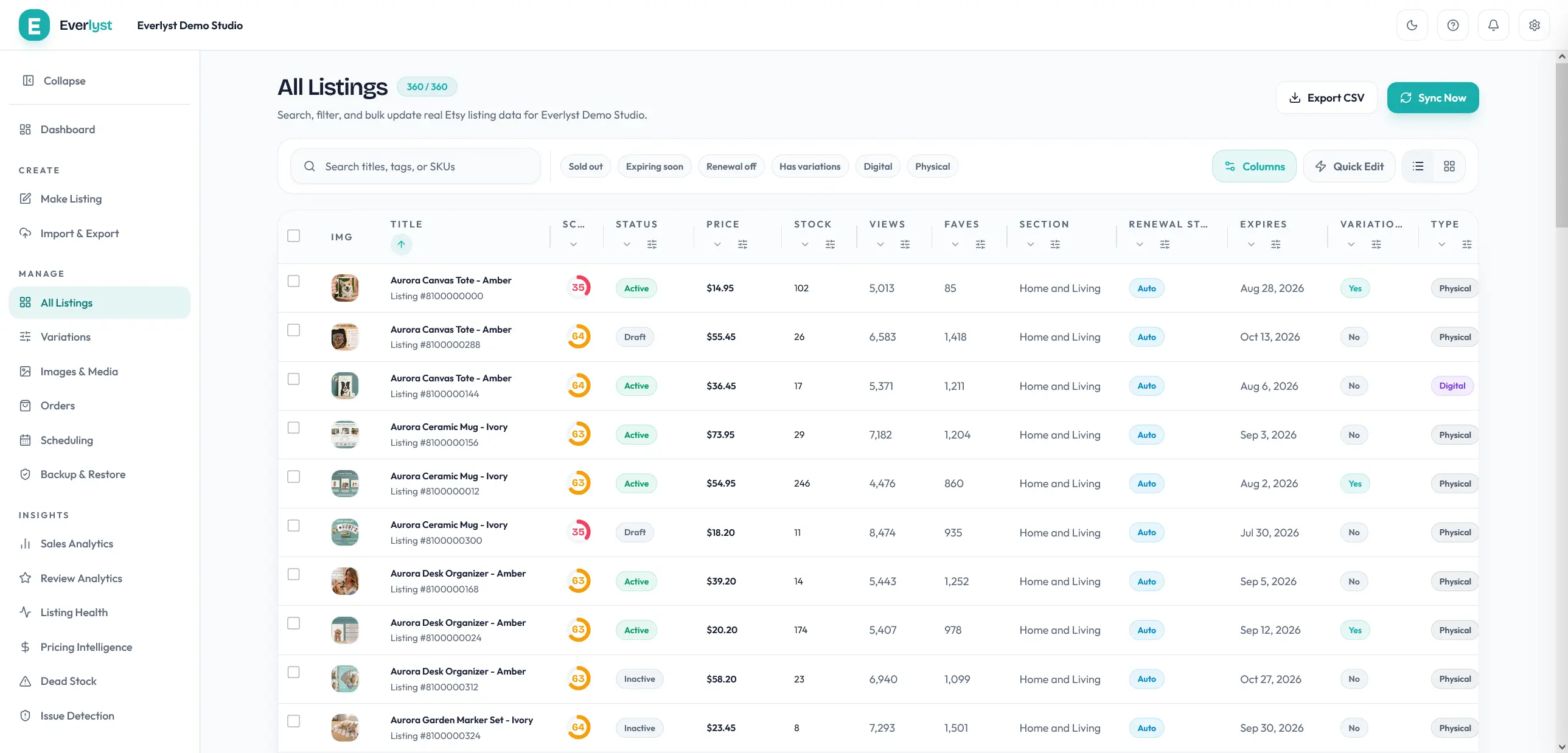 Everlyst listings workspace showing a searchable listing table.