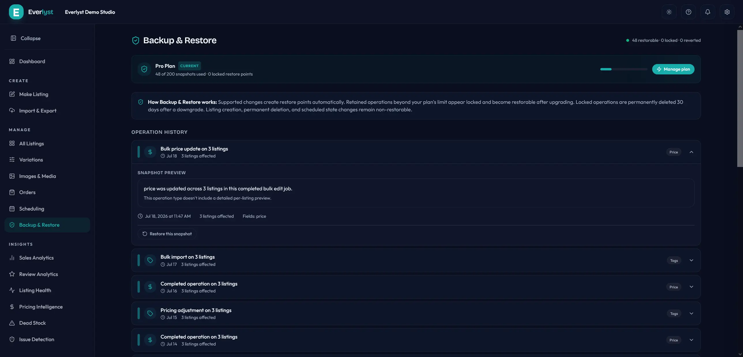 Everlyst backup and restore screen showing snapshot-based rollback controls.