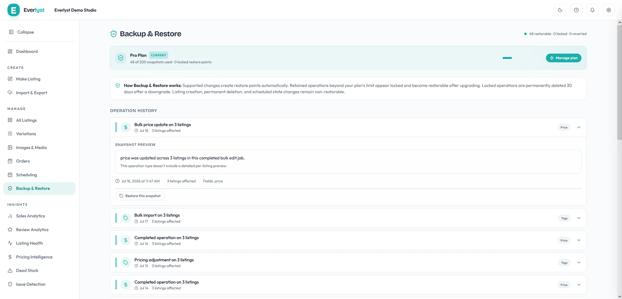 Everlyst backup and restore screen showing snapshot-based rollback controls.