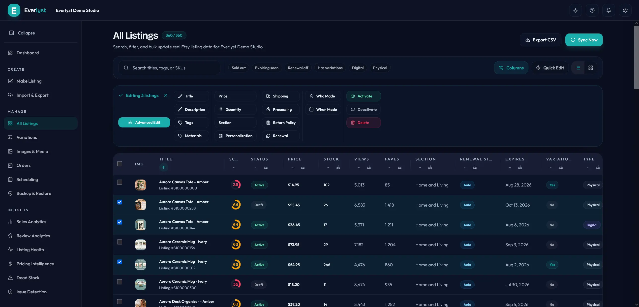 Everlyst bulk edit workflow showing field changes across many listings.