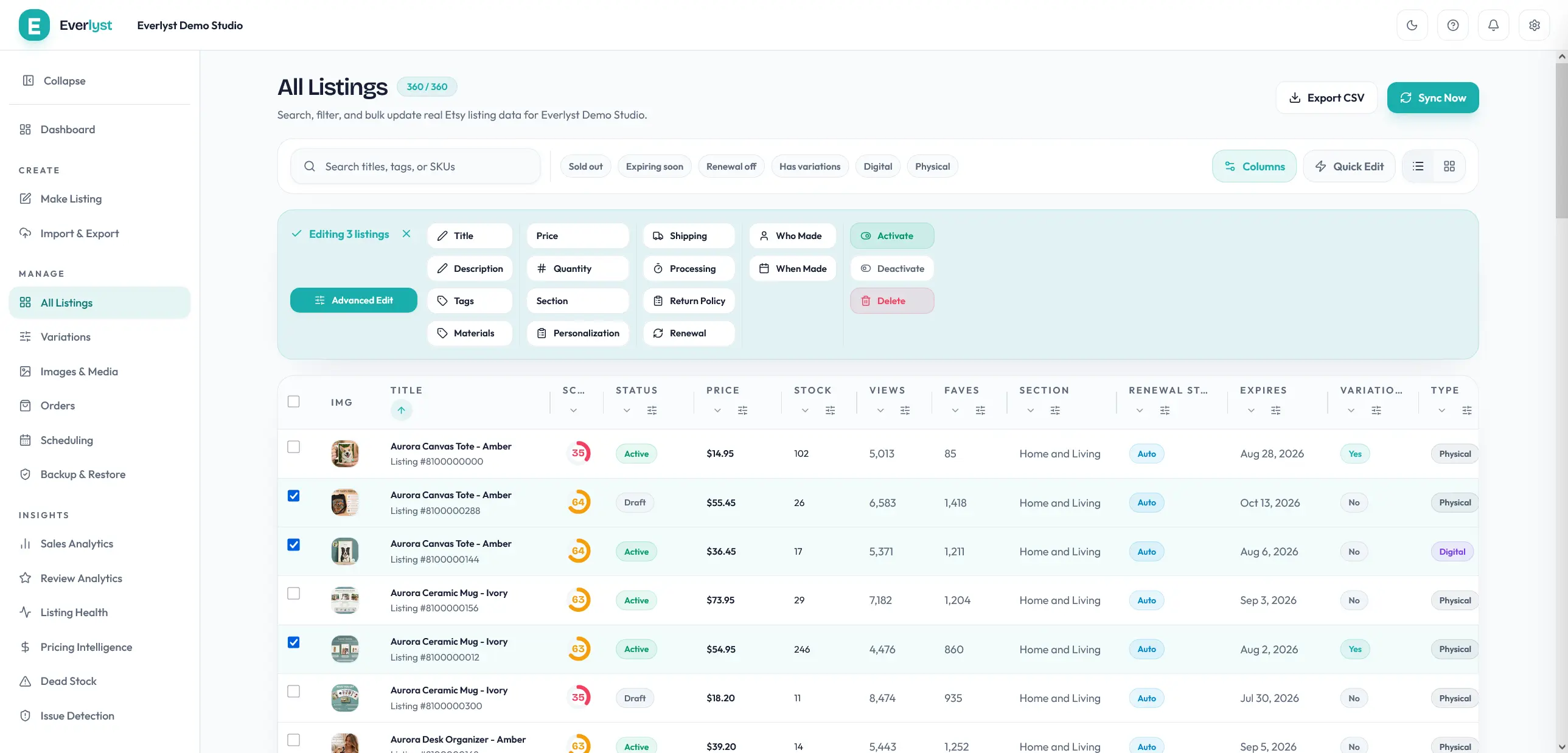 Everlyst bulk edit workflow showing field changes across many listings.