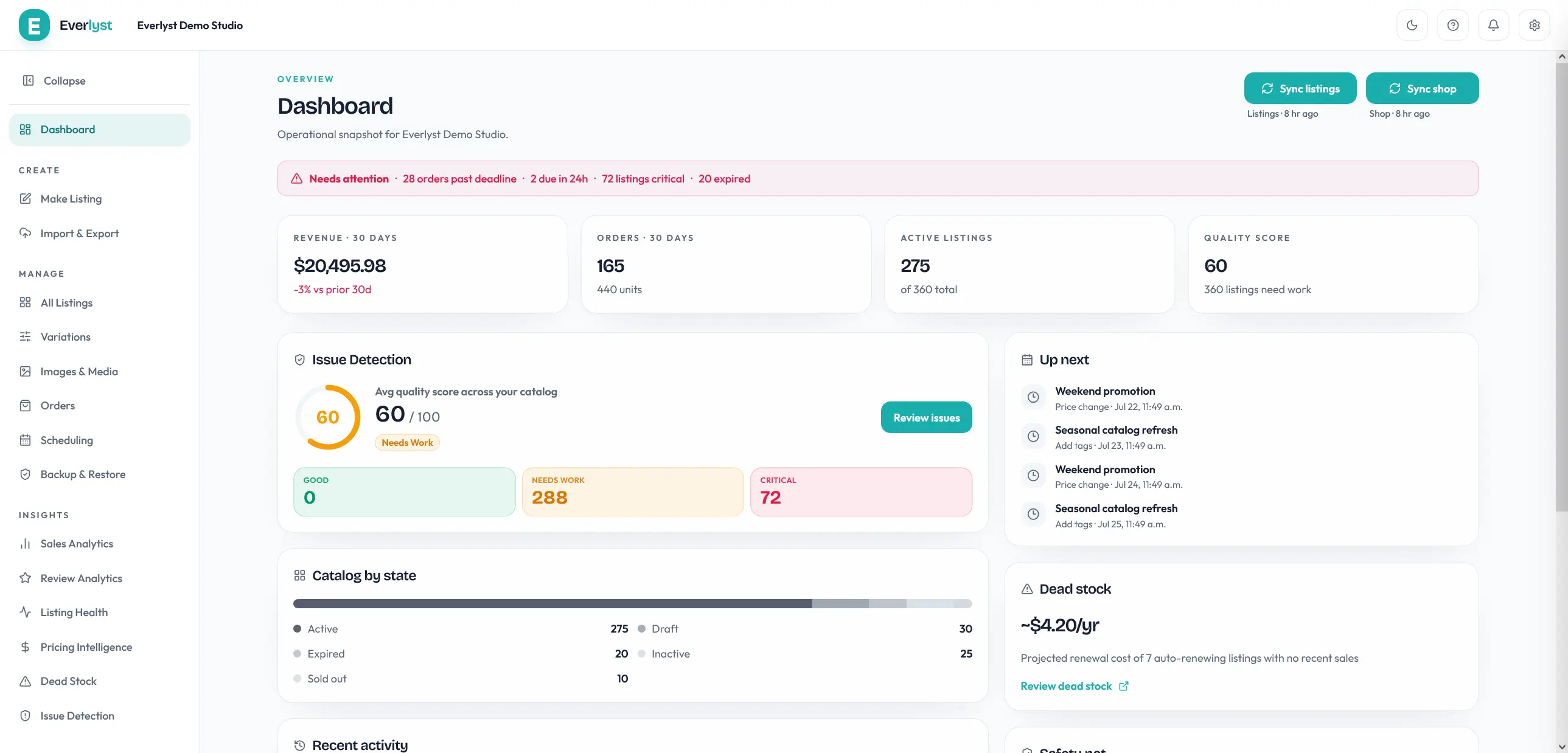 Everlyst dashboard showing shop performance and catalog status at a glance.