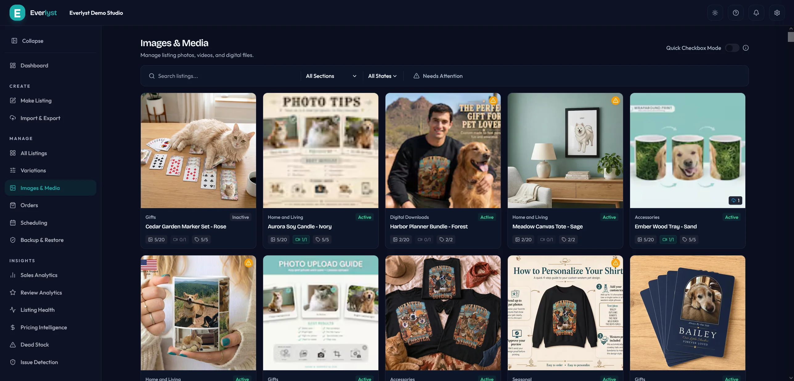 Everlyst images and media workspace with listing photos and alt text.