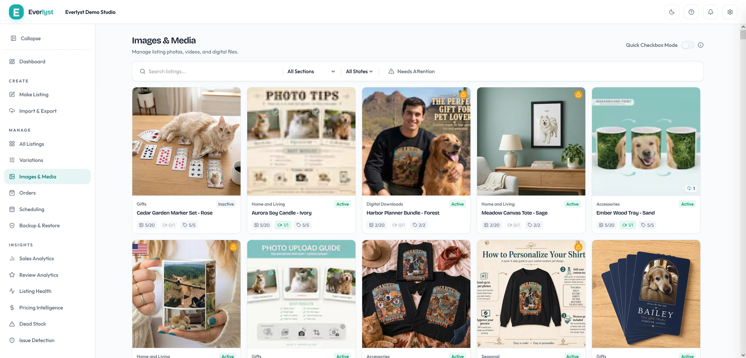 Everlyst images and media workspace with listing photos and alt text.