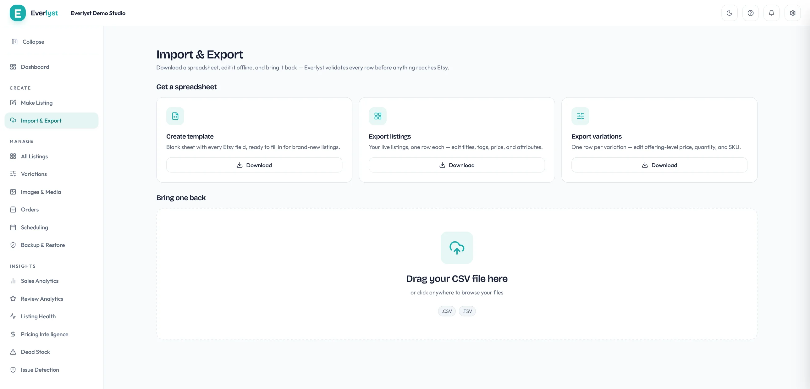 Everlyst import and export page offering the catalog export sheets.