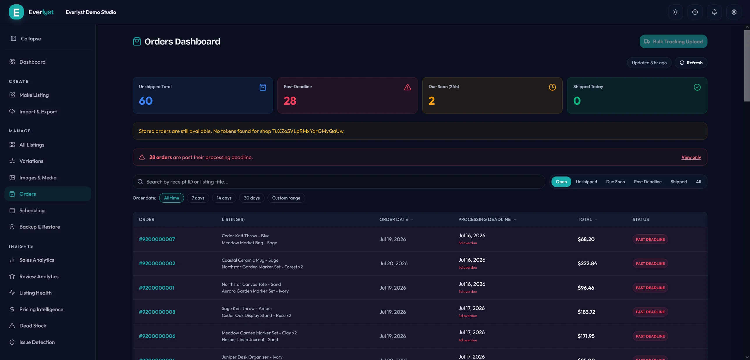 Everlyst orders dashboard showing fulfillment deadline states.