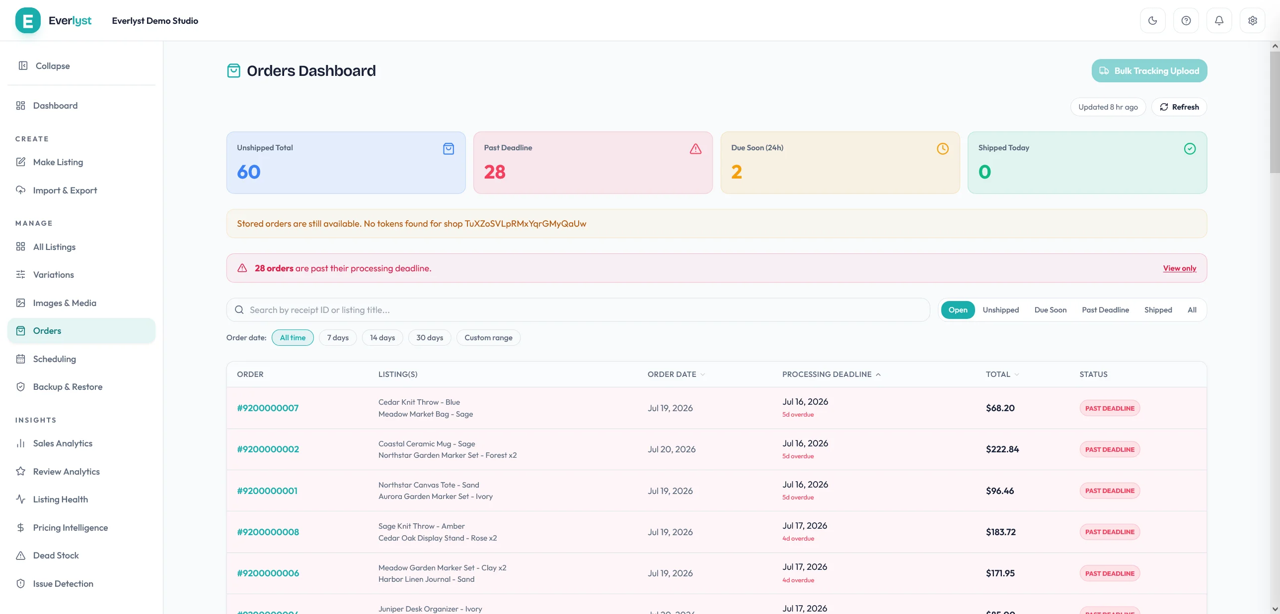 Everlyst orders dashboard showing fulfillment deadline states.