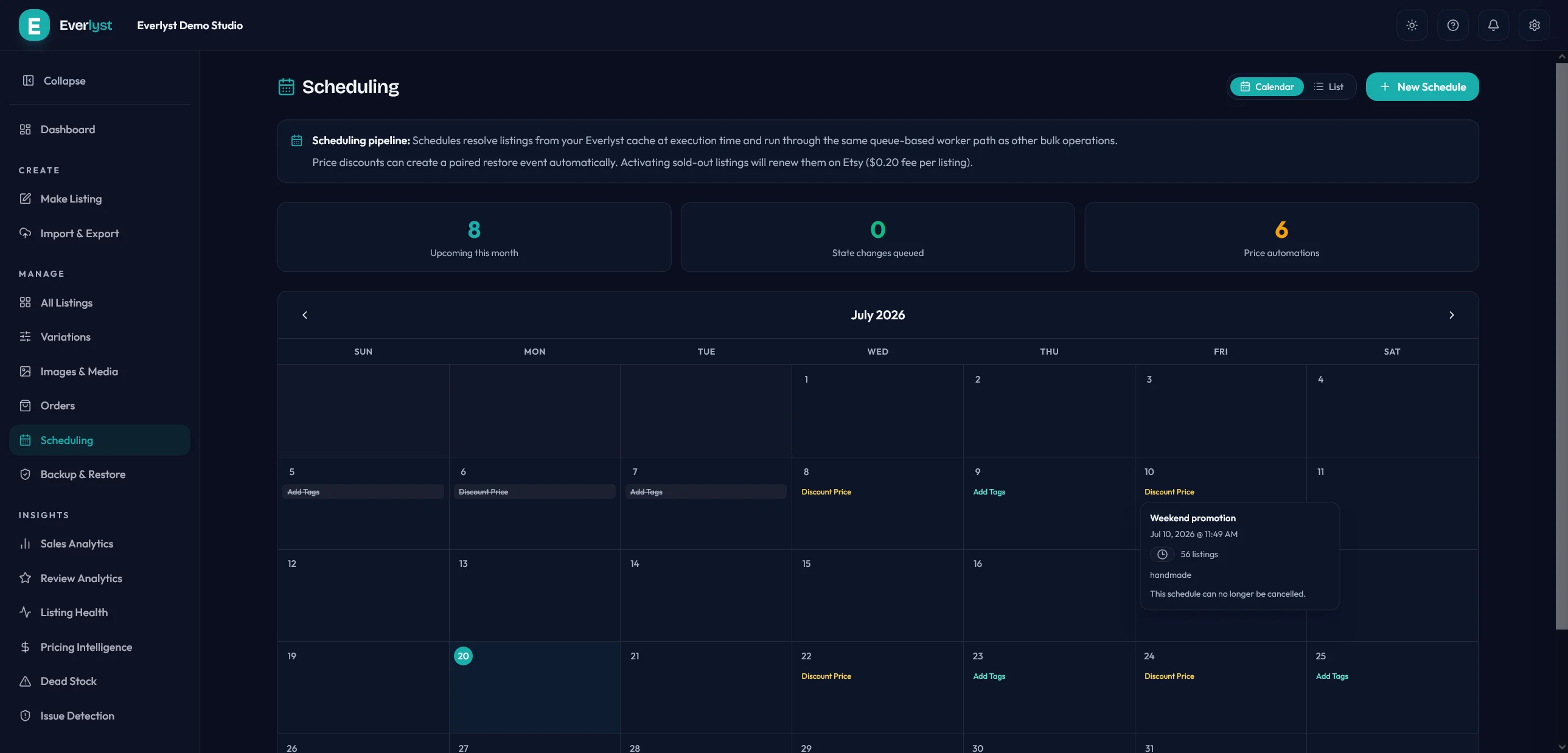 Everlyst scheduling workflow showing future-dated listing changes.