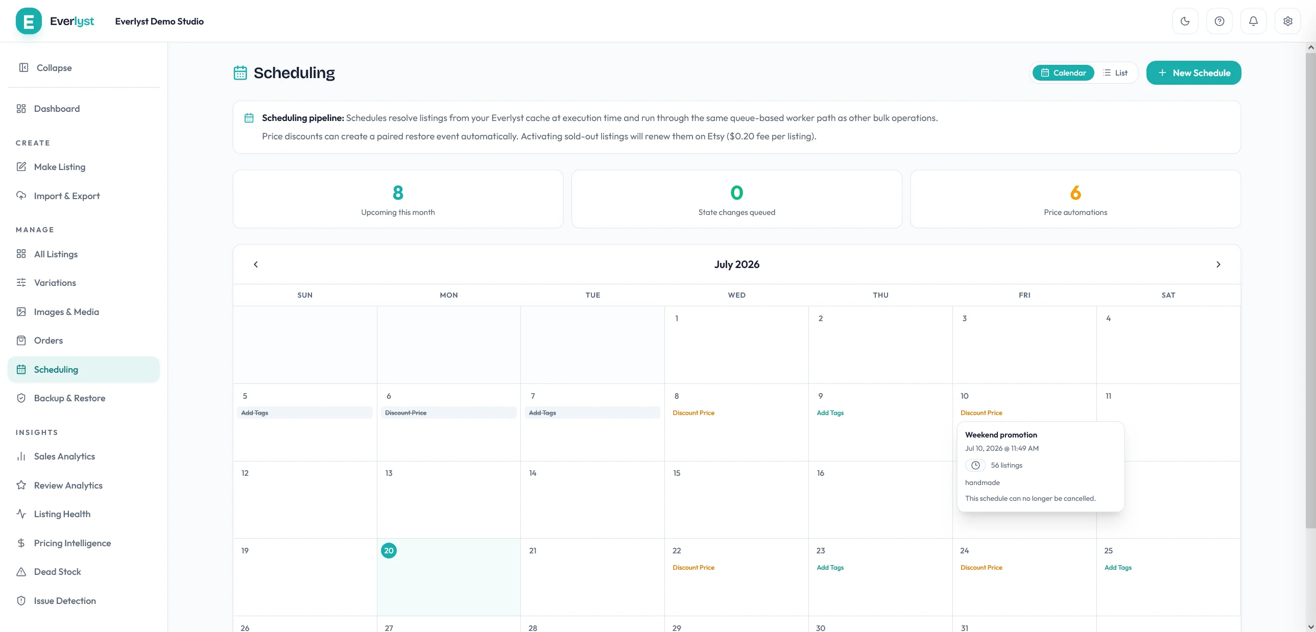 Everlyst scheduling workflow showing future-dated listing changes.