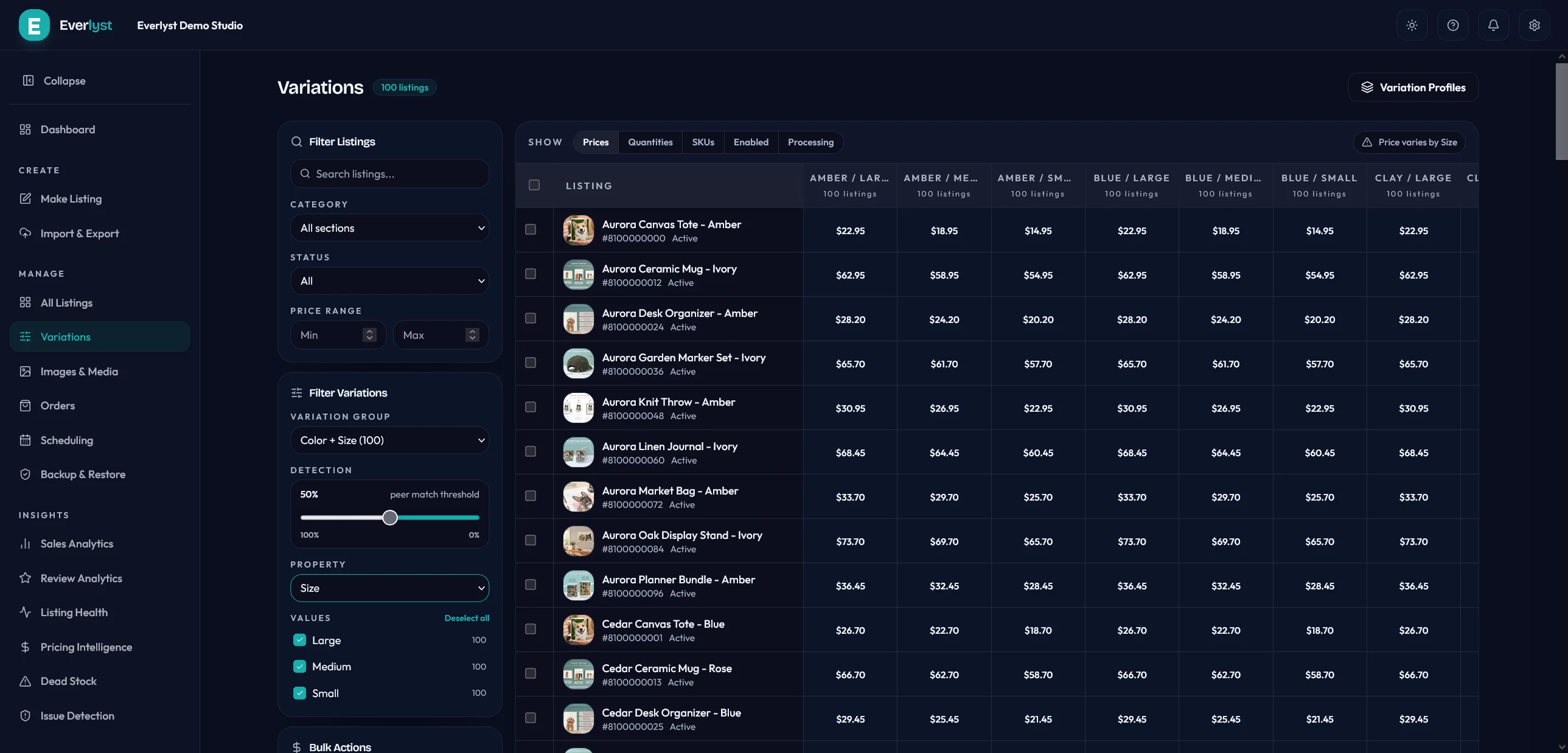 Everlyst variation editor showing bulk variation controls.